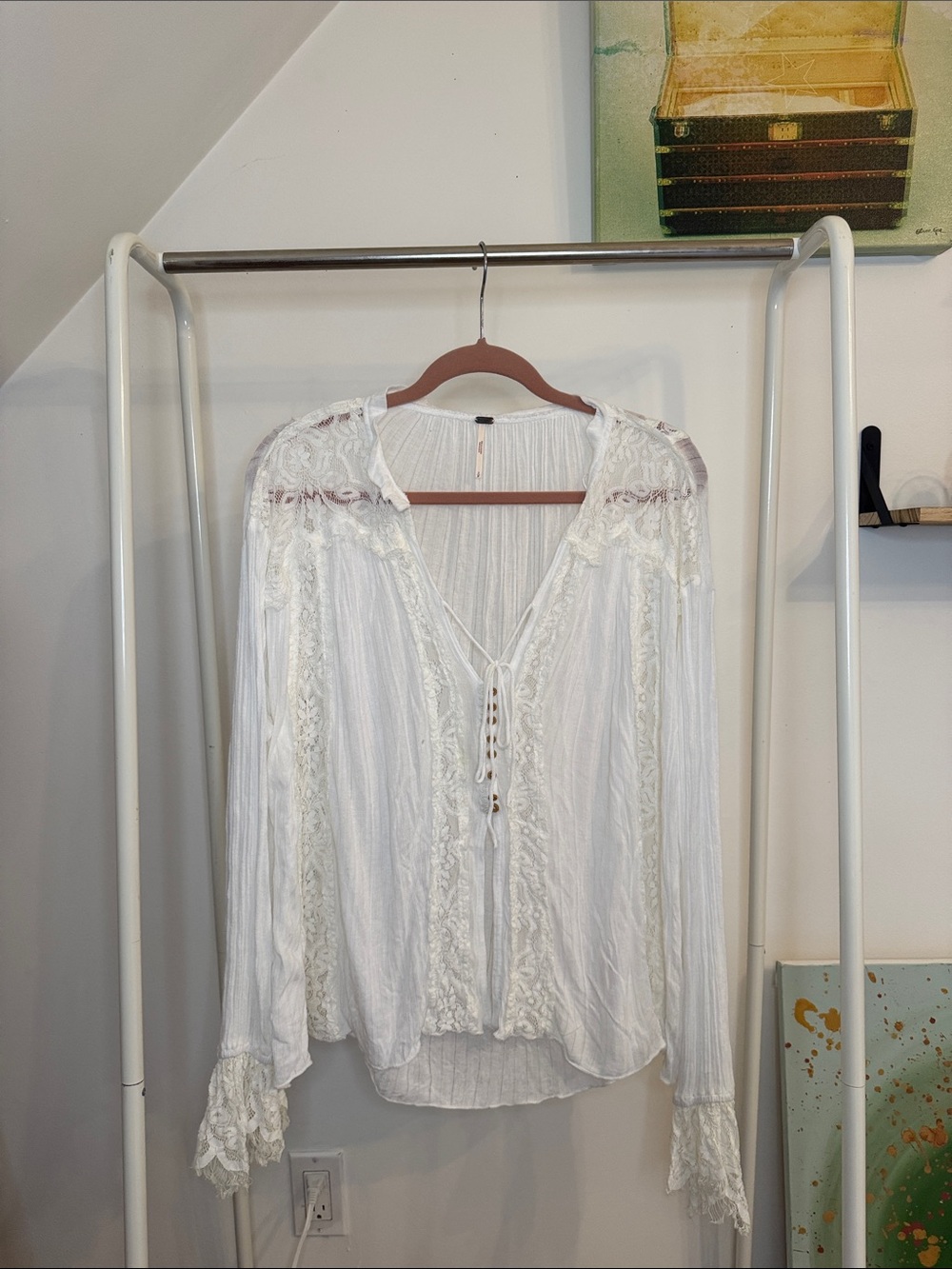 Free People Women's White Lace-Trim Boho Blouse with Lace Belle Sleeves